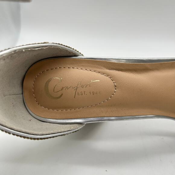 Womens Sandals 8W Wide Silver Rhinestones Open Toe‎ Block Heel C Comfort Brand - Picture 10 of 13